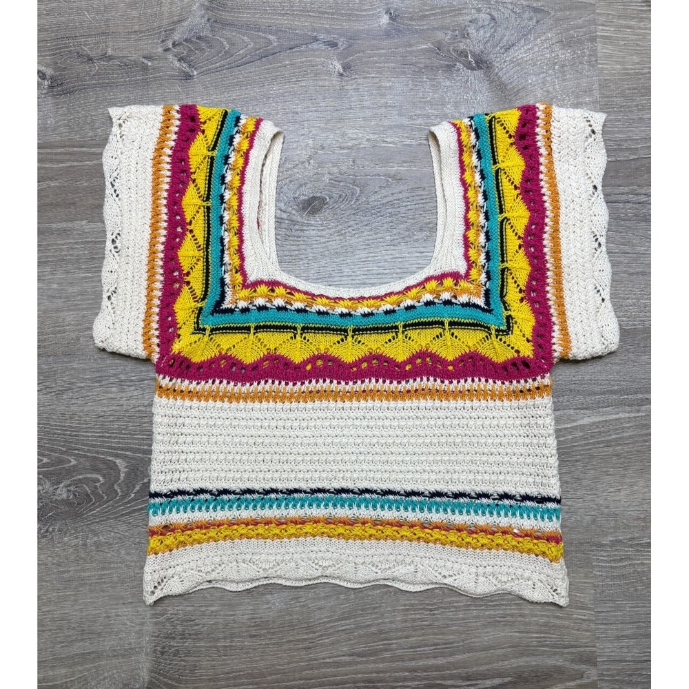 Miracle Crochet Knit Top Womens Small Multicolor Boho Square Neck Scallop Hem